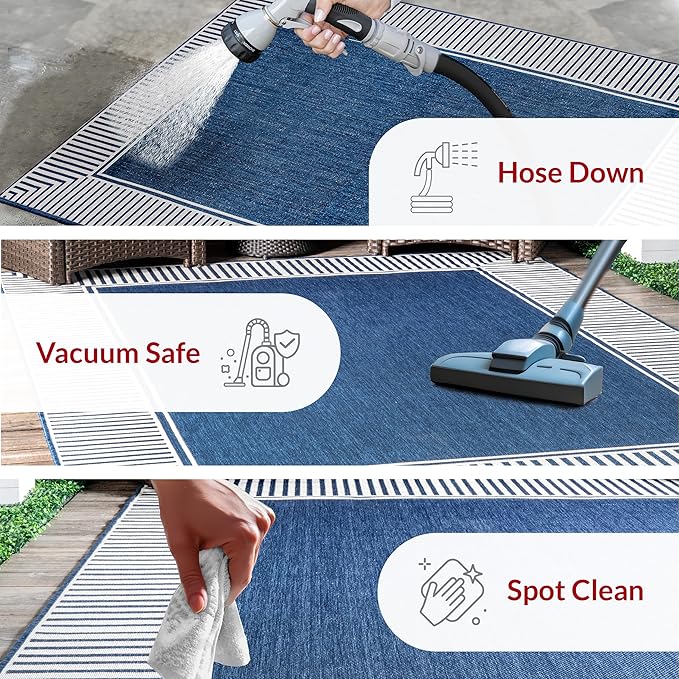 Nuloom Asha Navy/Ivory, 2' x 8', Casual, Striped Border, Soft and Cozy, High Traffic, Stain Resistant, Easy Clean, Durable Runner for Indoor/Outdoor Patio, Deck, Porch, Garden, Courtyard