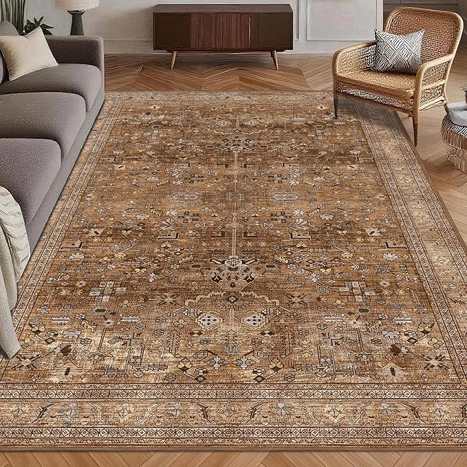 Washable Area Rug 8' x 10' Vintage Traditional Persian Mat - Foldable Distressed Non-Slip Machine Washable Carpet for Living Room Bedroom Kitchen Home Decor - Bronze and Ivory