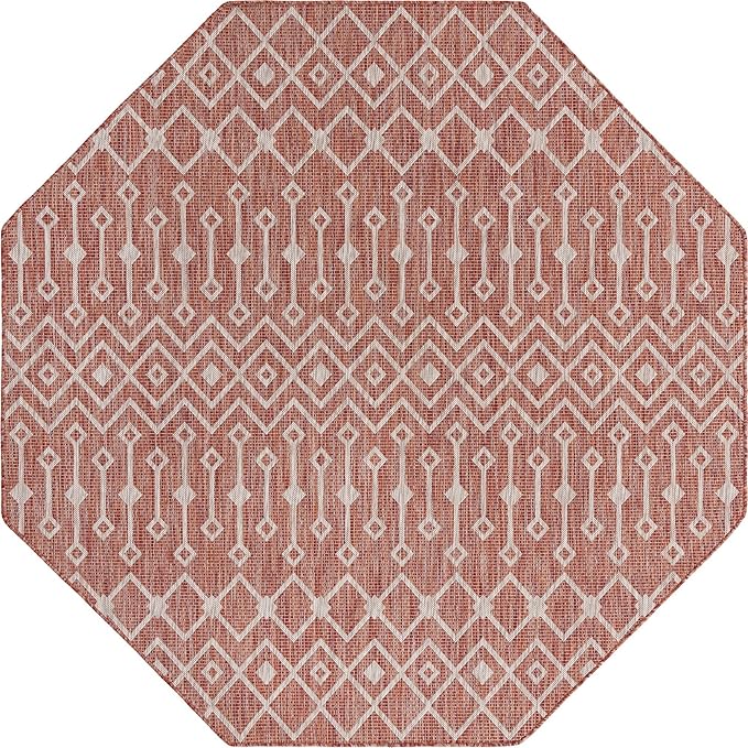 Unique Loom Outdoor Trellis Collection Area Rug - Tribal Trellis (7' 10" Octagon, Rust Red/ Ivory)