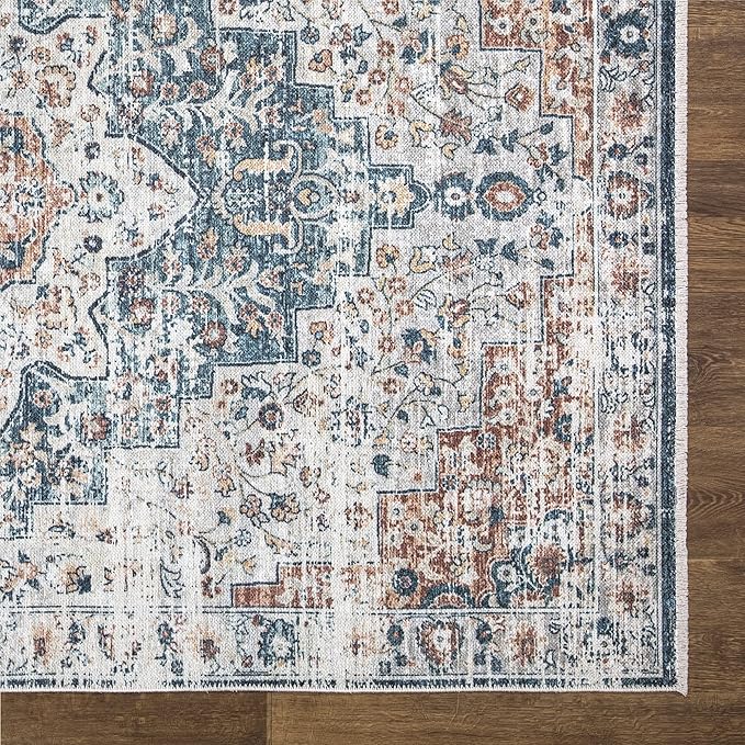 Bloom Rugs Caria Washable Non-Slip 4x6 Rug - Terracotta/Teal Traditional Area Rug for Living Room, Bedroom, Dining Room, and Kitchen - Exact Size: 4' x 6'