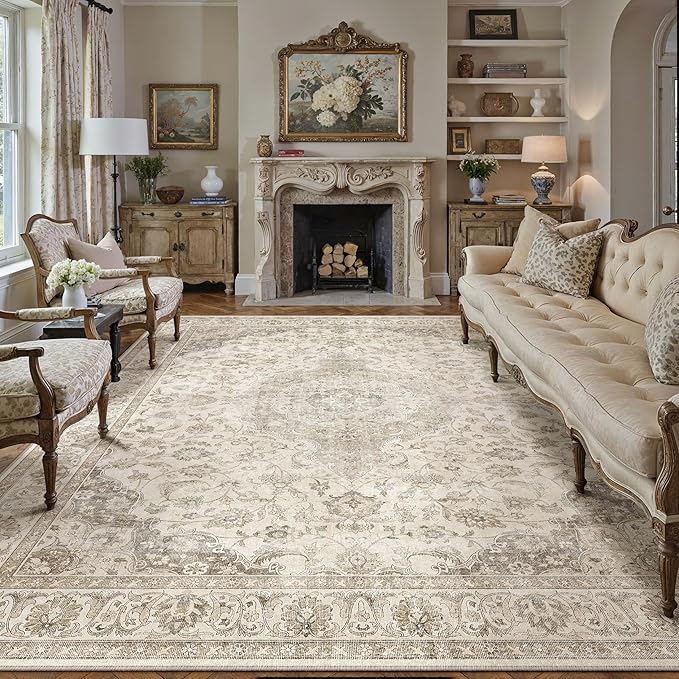 HUGEAR Area Rug 6x9 Vintage Brown Machine Washable Living Room Rugs Thin Neutral Floral Vacuumable Low Pile Carpet Bedroom Office Dining Room Laundry Room Non Slip Soft Lightweight