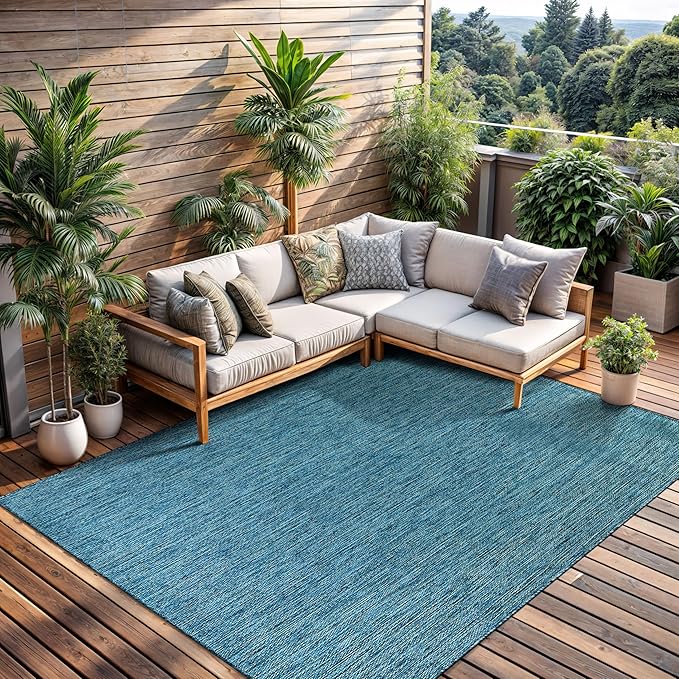 CAMILSON Outdoor Rug 10x14 Modern Area Rugs for Large Indoor and Outdoor Patios and Porches - Waterproof, Washable, Non-Shedding, Easy-to-Clean Outside Carpet (10 x 14, Solid - Aqua)
