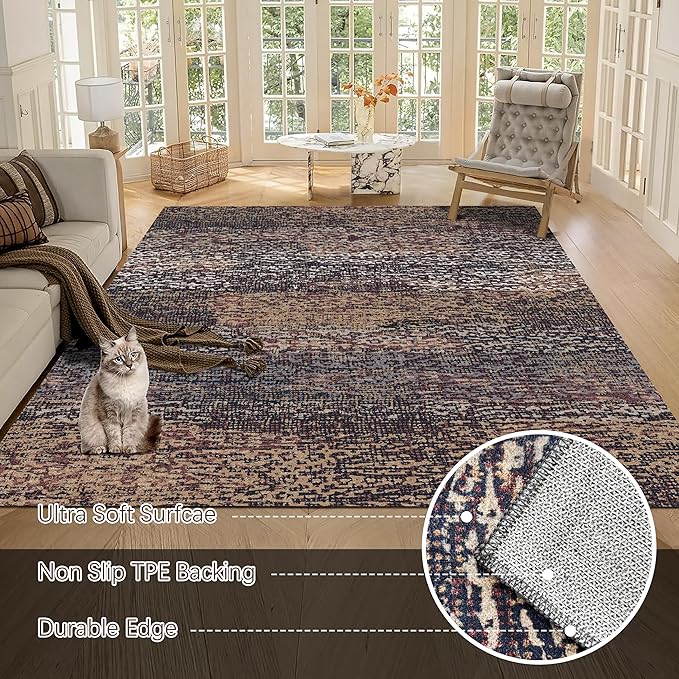 RUGSURE Washable Area Rug - 1/6 Thick - Stain & Water Resistant Non-Slip - Resistant Rug for Living Room, Bedroom, Nursery, Pet & Child Friendly, Vintage Charm Area Rugs (Rust, 5' x 7')