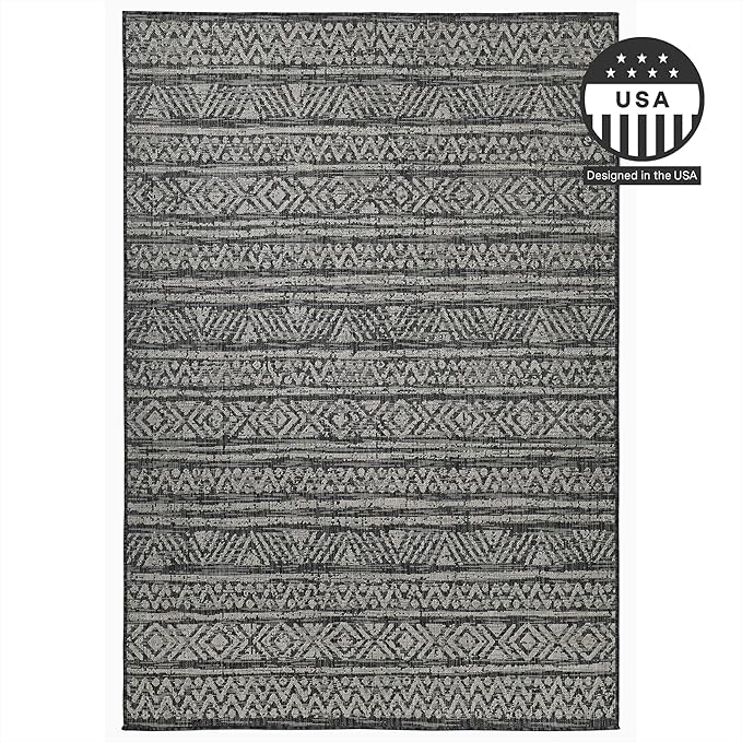 FH Home Flat Woven Outdoor Rug - Waterproof, Easy to Clean, Stain resistant - Premium Polypropylene Yarn - Striped Boho - Patio,Deck,Porch,Balcony, Laundry Room - Amman - Charcoal - 3ft 11in x 5ft 6in