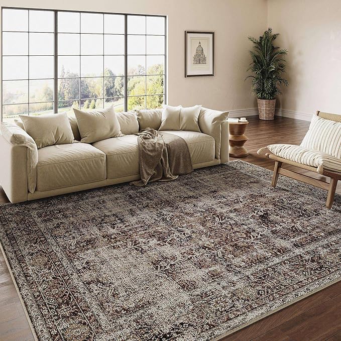 Vintage Area Rug 8x10 Rust Red Washable Living Room Large Carpet Non Slip Bedroom Indoor Office Low Pile Traditional Distressed Retro Accent Rug for Dining Room