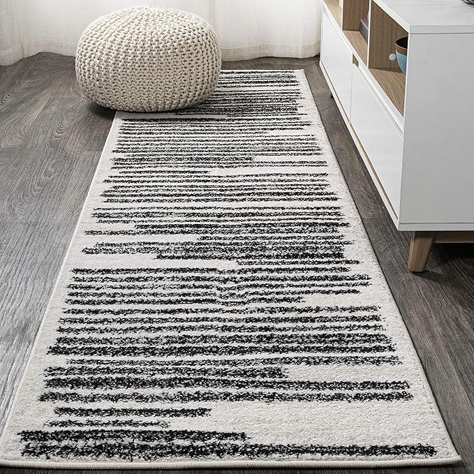 JONATHAN Y Khalil Modern Berber Stripe Cream/Black Runner Rug, 2x10, Contemporary, Bohemian, Easy-Cleaning for Living Room, Bedroom, Kitchen, Pet Friendly, Non-Shedding (MOH207A-210)
