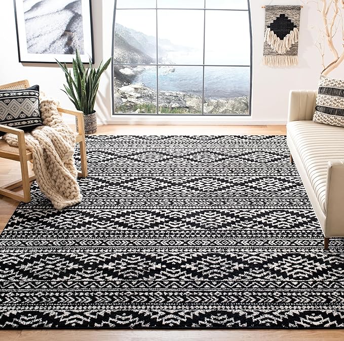 SAFAVIEH Area Rug 8x10 - Tulum Collection - Large - Black & Ivory, Moroccan Boho Tribal Design, Non-Shedding & Easy to Clean, Ideal for Living Room, Bedroom, Dining Space (TUL272Z)