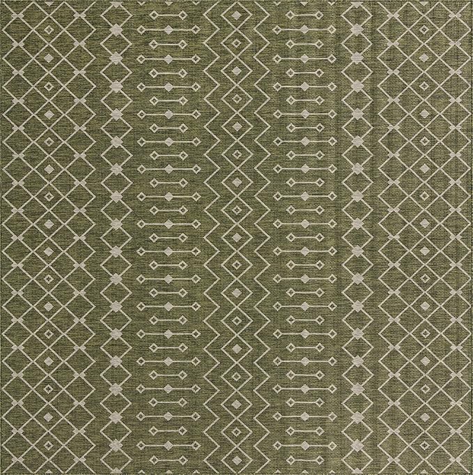 Unique Loom Outdoor Trellis Collection Area Rug - Tribal Trellis (10' 8" Square, Green/ Natural)