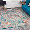 Livabliss Area Rugs - 5x7 Romaine Vintage Boho Navy Sky Blue Rose Area Rug for Living Room Bedroom - Floral Medallion Stain Resistant Carpet for Kitchen, Nursery, Office (5'3" x 7'6")