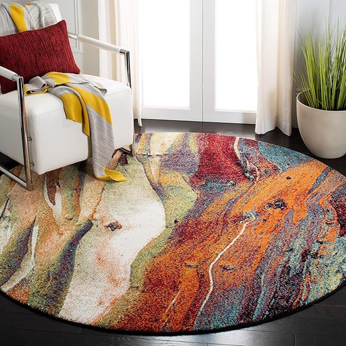 SAFAVIEH Glacier Collection 12' Round Red/Green GLA126Q Modern Abstract Non-Shedding Entryway Foyer Living Room Bedroom Kitchen Area Rug