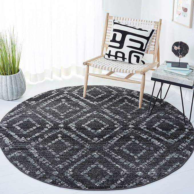 SAFAVIEH Adirondack Collection Area Rug - 6' Round, Black & Ivory, Modern Diamond Distressed Design, Non-Shedding & Easy Care, Ideal for High Traffic Areas in Living Room, Bedroom (ADR131A)