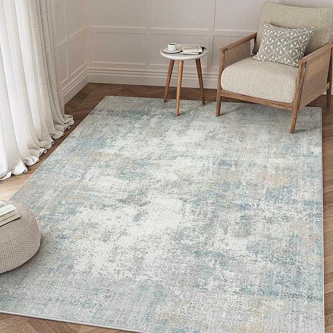 3x4 Washable Area Rug Blue Cream Abstract Entryway Office Throw Rug Neutral Modern Non Slip Soft Low Pile Lightweight Small Carpet for Kitchen Living Room Bedroom Entrance