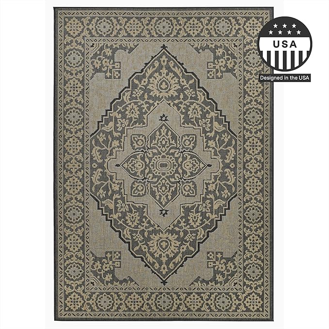 FH Home Flat Woven Outdoor Rug - Waterproof, Easy to Clean, Stain Resistant - Premium Polypropylene Yarn - Vintage - Patio, Deck,Porch,Balcony,Laundry - Ankara - Charcoal - 3ft 11 in x 5ft 6in