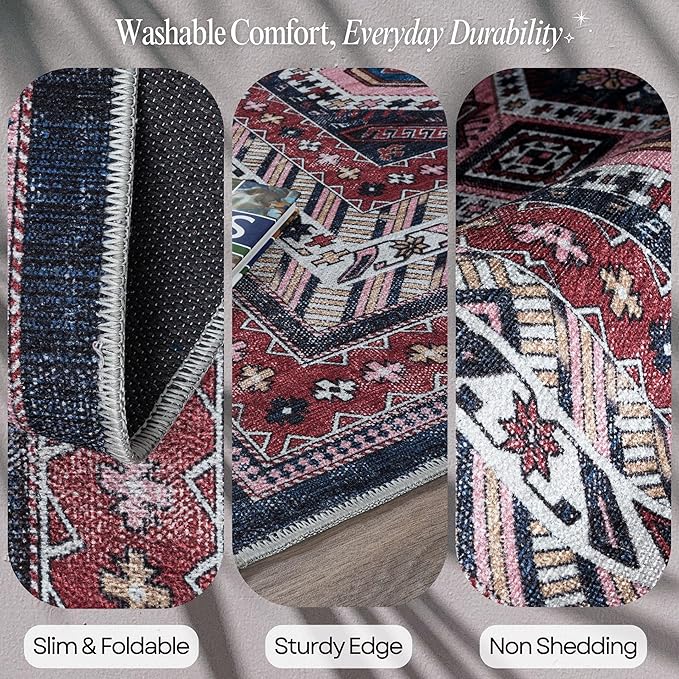 Fame Rugs Turkish Rug. Washable Vintage Oriental Antique Inspired Traditional Doormat Small Modern Area Rugs Luxury Entryway Entry Bedroom Bathroom Kitchen (400RN, 2'5 x 9'8)