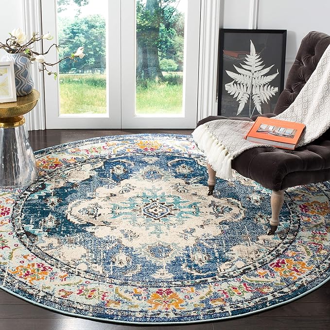 SAFAVIEH Monaco Collection Area Rug - 8'8" Round, Navy & Light Blue, Boho Chic Medallion Distressed Design, Non-Shedding & Easy Care, Ideal for High Traffic Areas in Living Room, Bedroom (MNC243N)