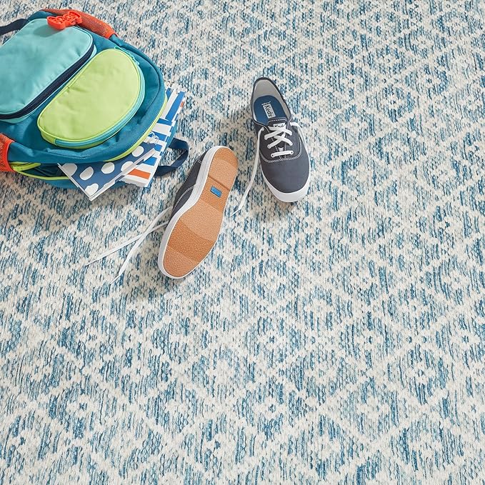 Dash & Albert Melange Diamond Blue Machine Washable Rug, 9.5 X 13.5 Feet, Blue Geometric Pattern