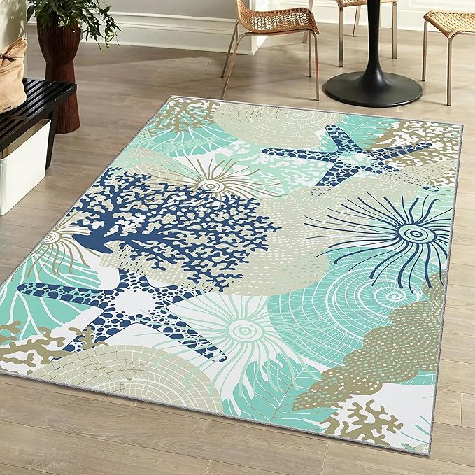 Tritard Coastal Area Rugs Nautical Beach Themed Non-Slip Machine Washable Rugs Modern Floor Carpet for Living Room Bedroom, 3x5, Navy
