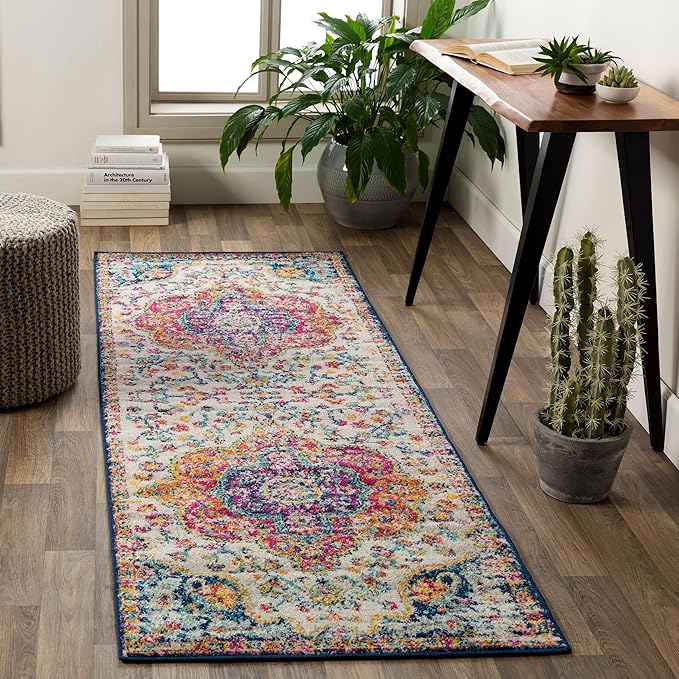 Livabliss Area Rugs - 3x10 Romaine Vintage Boho Fuchsia Mustard Blue Runner Area Rug for Living Room Bedroom - Floral Medallion Stain Resistant Carpet for Kitchen, Nursery, Office (2'7" x 10', Runner)