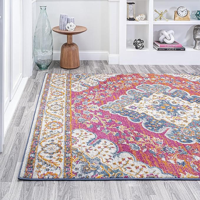 JONATHAN Y Boho Vintage Fuchsia/White Indoor Area Rug, 8x10, Bohemian Flair Medallion, Floral Easy-Cleaning High Traffic for Living Room, Bedroom, Kitchen, Pet-Friendly, Non-Shedding (BMF106C-8)