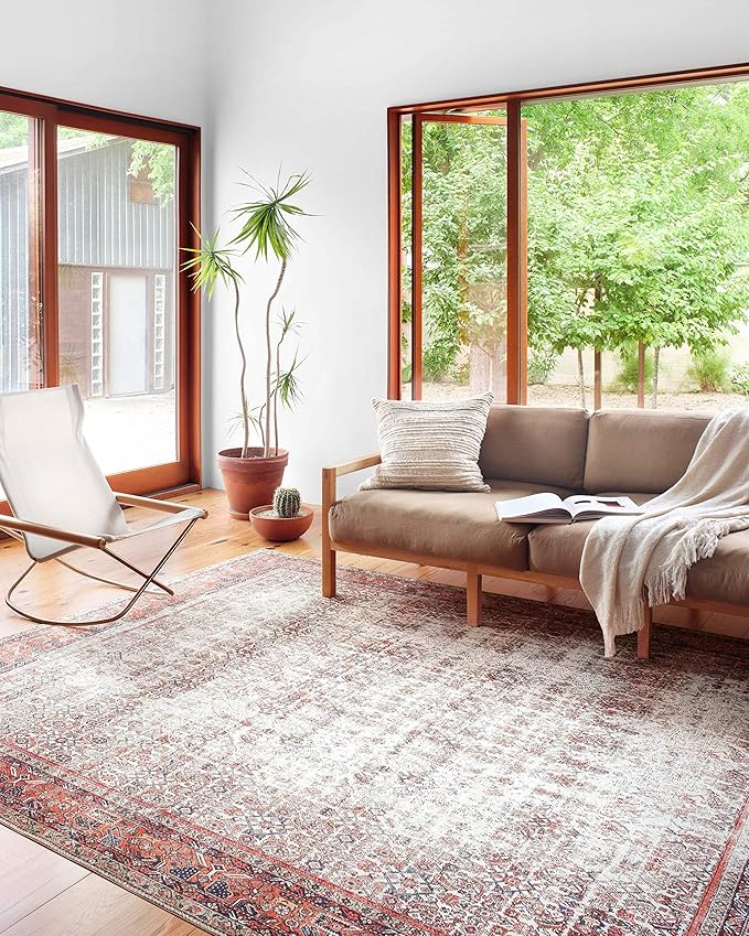 Loloi Layla Collection LAY-12 Ivory/Brick 9'-0" x 12'-0" .13" Thick Area Rug, Soft, Durable, Vintage Inspired, Distressed, Low Pile, Non-Shedding, Easy Clean, Printed, Living Room Rug