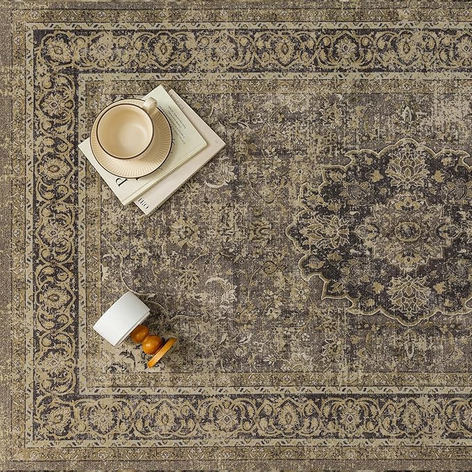 6x9 Brown Washable Vintage Area Rug for Living Room Bedroom Soft Tranditional Non Slip Large Throw Rug Lightweight Floral Low Pile Distressed Carpet Office Playroom Dining Laundry Room