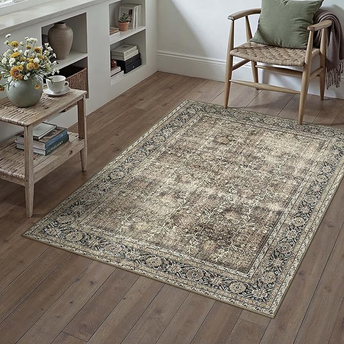 Brown Entryway Rug 2x4 Vintage Area Carpet Indoor Kitchen Washable Door Mat Living Room Entrance Small Low Pile Non Slip Traditional Distressed Retro Accent Throw Rug Office Bathroom