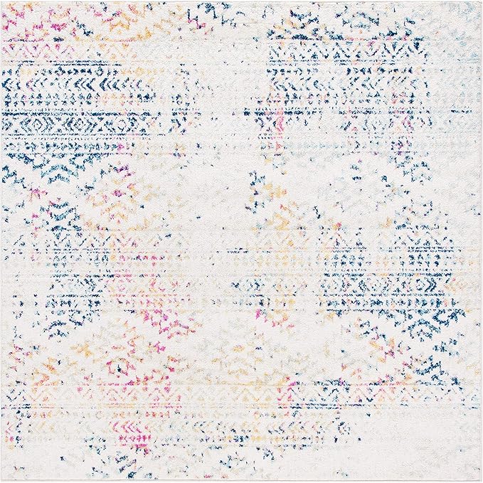 SAFAVIEH Tulum Collection Area Rug - 3' Square, Ivory & Blue, Moroccan Boho Tribal Design, Non-Shedding & Easy to Clean, Ideal for Entryway, Foyer, Accent Space, Bedroom (TUL272C)