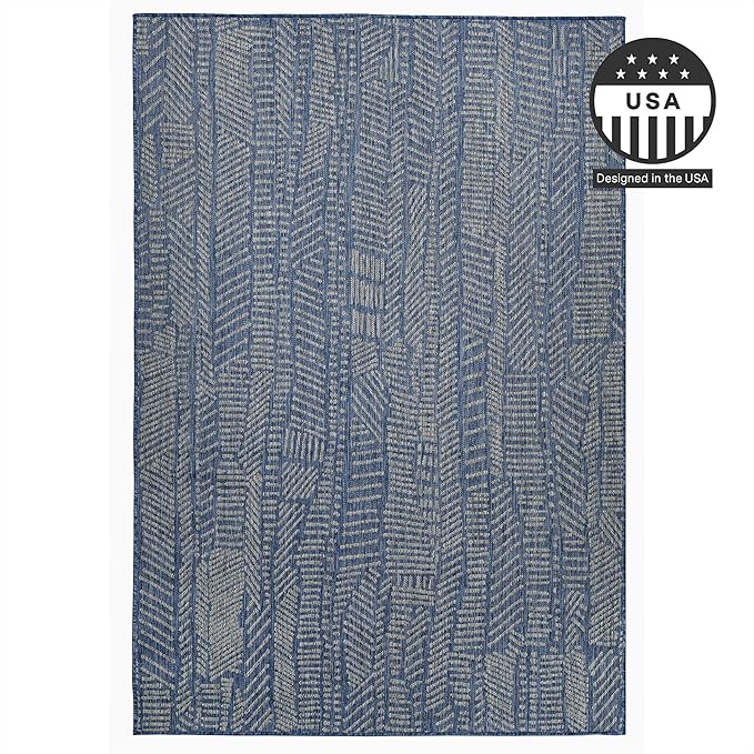 FH Home Flat Woven Outdoor Rug - Waterproof, Easy to Clean, Stain Resistant - Premium Polypropylene Yarn - Modern Abstract - Patio, Porch, Deck, Balcony - Suez - Blue - 5ft 2in x 7ft 6in