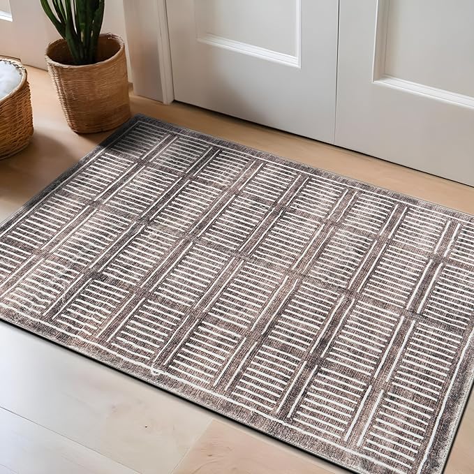 Rugshop Bohemian Stripe Lines Washable Non Slip Area Rug 2' x 4' Brown