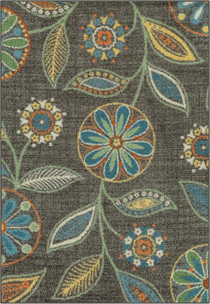 Maples Rugs Reggie Floral Area Rug - Made in USA - Washable, Non Slip, Pet-Friendly Mats for Living Room, Bedroom, and Office, 3'4 x 5, Dark Grey
