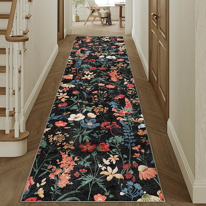 Floral Runner Rug 3x12 Washable Hallway Long Black Bedroom Carpet Non Slip Indoor Boho Kitchen Low Pile Accent Rug Lightweight Soft for Bathroom Dining Laundry Living Room