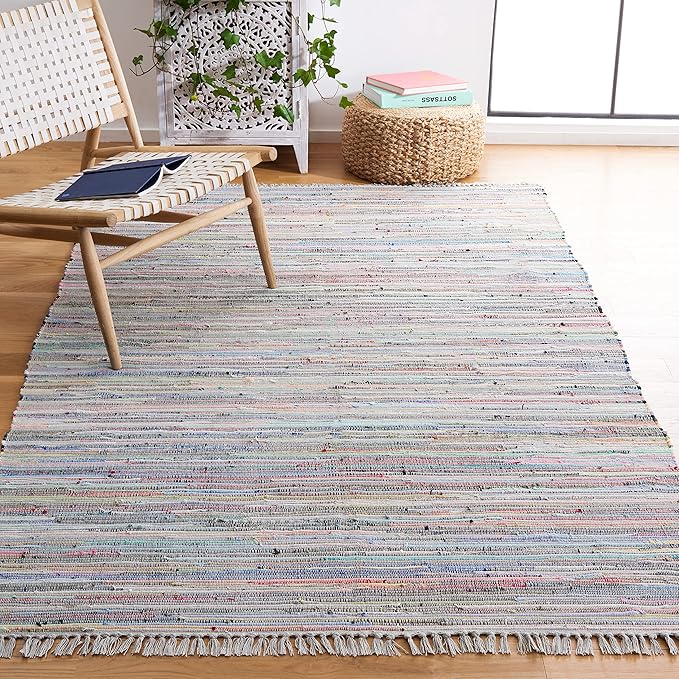 SAFAVIEH Rag Rug Collection Area Rug - 6' x 9', Grey & Multi, Handmade Boho Stripe Cotton, Ideal for High Traffic Areas in Living Room, Bedroom (RAR121M)