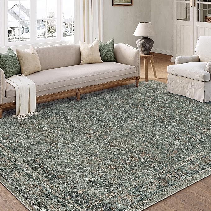 Area Rug 8x10 Gray Living Room Washable Vintage Carpet Non Slip Indoor Retro Traditional Grey Accent Throw Large Rug for Office Bedroom Dining Room Playroom