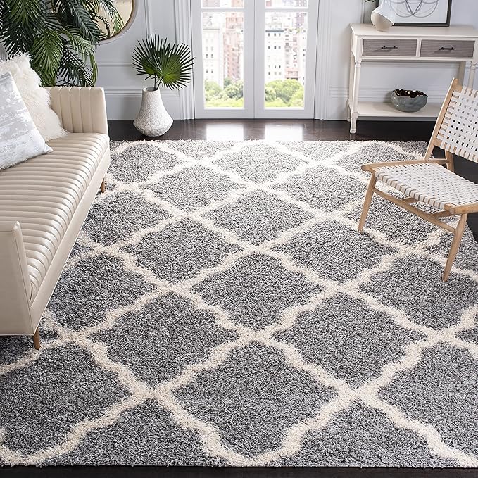 SAFAVIEH Dallas Shag Collection Area Rug - 10' x 14', Grey & Ivory, Trellis Design, Non-Shedding & Easy Care, 1.5-inch Thick Ideal for High Traffic Areas in Living Room, Bedroom (SGD257G)