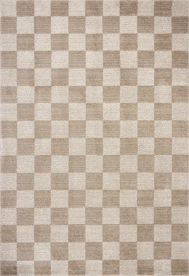 Loloi Chris Loves Julia Calvin Collection CLV-01 Pebble/Ivory 5'-3" x 7'-6" Area Rug Checkered Neutral Soft Living Room Bedroom Carpet