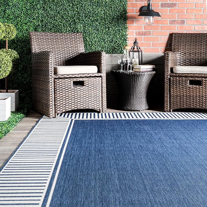 Nuloom Asha Navy/Ivory, 6'7" Square, Casual, Striped Border, Soft and Cozy, High Traffic, Stain Resistant, Easy Clean, Durable Area Rug for Indoor/Outdoor Patio, Deck, Porch, Garden, Courtyard