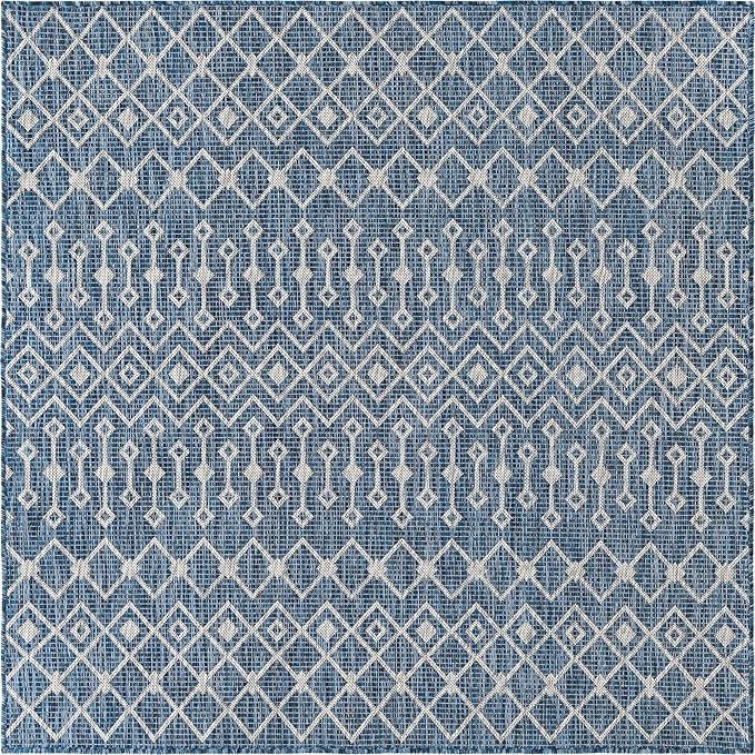 Unique Loom Outdoor Trellis Collection Area Rug - Tribal Trellis (5' 1" Square, Blue/ Ivory)