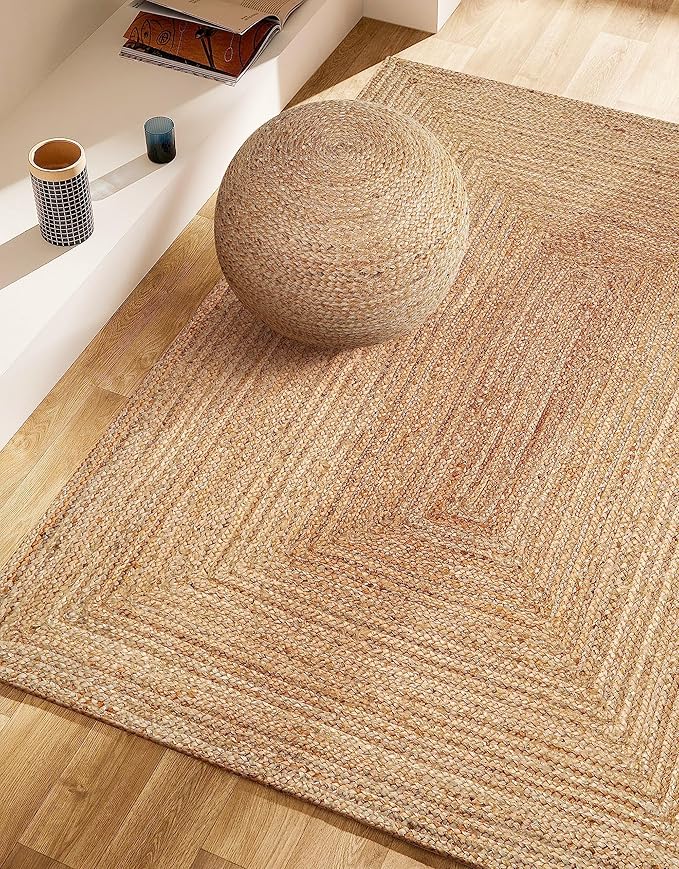 Hand Woven Farmhouse Jute Area Rug 5x8 Ft Rectuangler Natural Yarn, Rustic Vintage Beige Braided Reversible Rug, Eco Friendly Rugs for Bedroom, Kitchen, Living Room, Farmhouse 100% Jute Rug - Natural