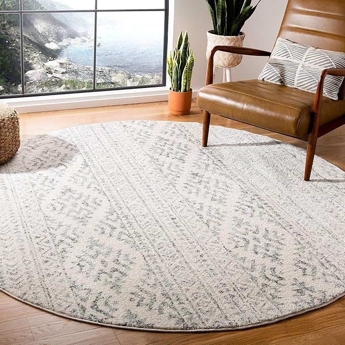 SAFAVIEH Tulum Collection Area Rug - 10' Round, Ivory & Grey, Moroccan Boho Tribal Design, Non-Shedding & Easy to Clean, Ideal for Living Room, Bedroom, Dining Space (TUL272A)