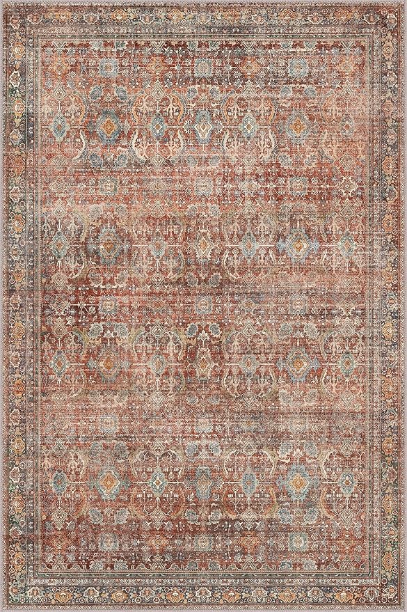6x9 Area Rug Machine Washable Boho Rug for Living Room,Ultra-Thin Low Pile Carpet,Lightweight Printed Rug,Non Slip Floral Area Rug for Bedroom, Dining Room, Home Office,Terracotta/Indigo