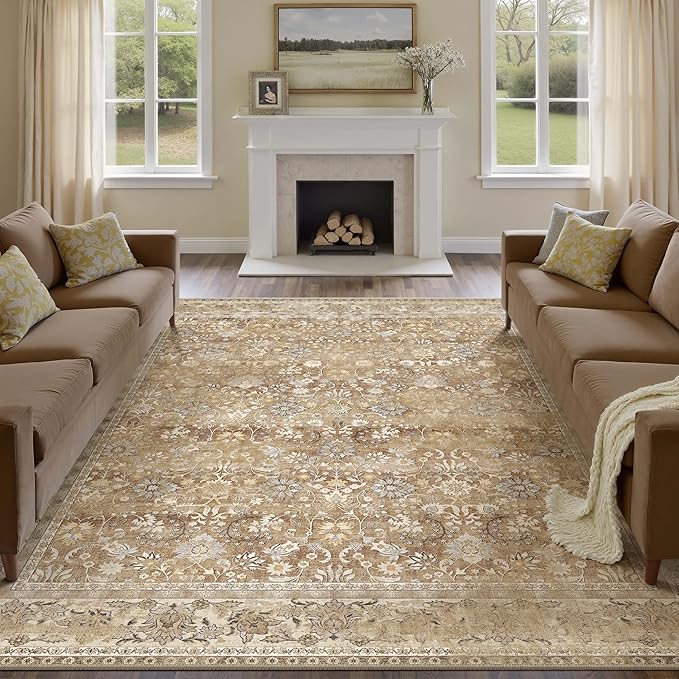 HUGEAR 6x9 Machine Washable Rugs Brown Beige Hallway Large Area Rug Indoor Accent Rug Floral Low Pile Carpet Soft Throw Aesthetic Rug Bedroom Living Room Office Dining Room Kitchen Laundry Room