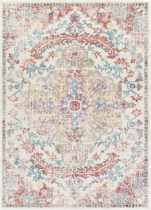 Livabliss Area Rugs - 7x9 Odelia Vintage Boho Red Off-White Blue Area Rug for Living Room Bedroom - Floral Medallion Stain Resistant Carpet for Kitchen, Nursery, Office (6'7" x 9')