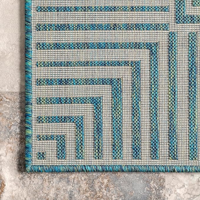 Nuloom Asha Teal/Ivory, 5' x 8', Casual, Striped Border, Soft and Cozy, High Traffic, Stain Resistant, Easy Clean, Durable Area Rug for Indoor/Outdoor Patio, Deck, Porch, Garden, Courtyard