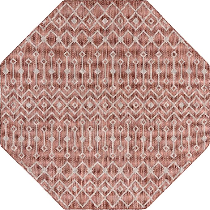 Unique Loom Outdoor Trellis Collection Area Rug - Tribal Trellis (7' 10" Octagon, Rust Red/ Ivory)