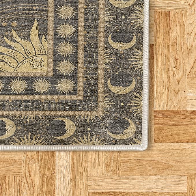 Ambesonne Sun and Moon Decorative Rug, Bohemian Art Design of Crescent Solar Ornament Esoteric Stars, Quality Carpet for Bedroom Dorm and Living Room, 5' 1" X 7' 5", Charcoal Grey Sand Brown