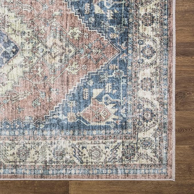 Bloom Rugs Caria Washable Non-Slip 8x10 Rug - Coral Pink/Ocean Blue Traditional Area Rug for Living Room, Bedroom, Dining Room, and Kitchen - Exact Size: 7'8" x 10'