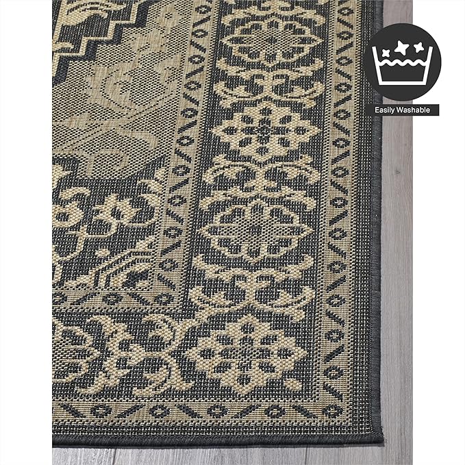 FH Home Flat Woven Outdoor Rug - Waterproof, Easy to Clean, Stain Resistant - Premium Polypropylene Yarn - Vintage - Porch, Deck, Balcony,Laundry Room - Ankara - Charcoal - 2ft 8in x 4 ft 11in