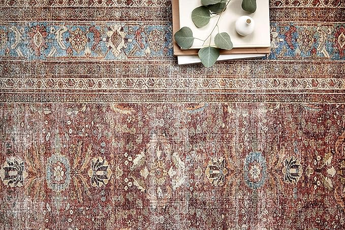 Loloi Layla Collection LAY-01 Brick/Blue 2'-3" x 3'-9" .13" Thick Accent Rug, Soft, Durable, Vintage Inspired, Distressed, Low Pile, Non-Shedding, Easy Clean, Printed, Living Room Rug