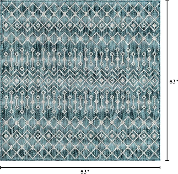 Unique Loom Outdoor Trellis Collection Area Rug - Tribal Trellis (5' 3" Square, Teal/ Ivory)