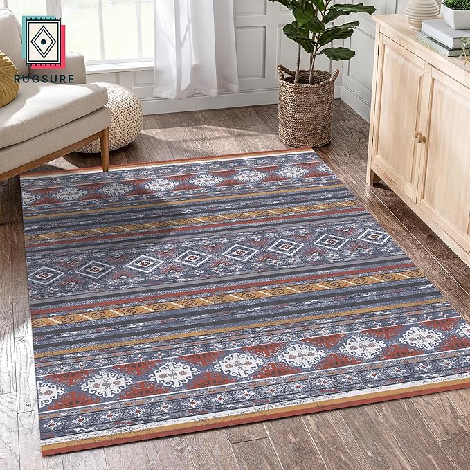 RUGSURE Washable Area Rugs 5' x 7' - 1/6 Thick - Moroccan-Inspired -Stain & Water Resistant Non-Slip - Resistant Rug for Living Room, Bedroom, Nursery, Pet & Child Friendly (Blue and Red)